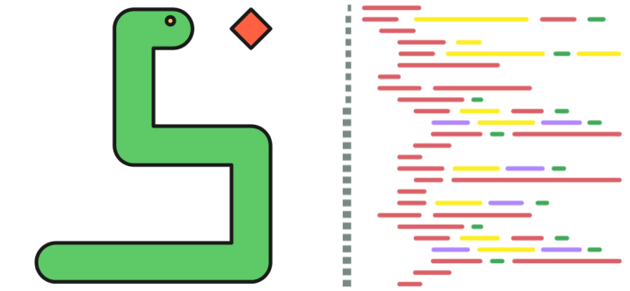 A digital illustration of a green snake facing a red diamond, separated by a dotted line, with colorful dashed lines on the right side during a hackathon.