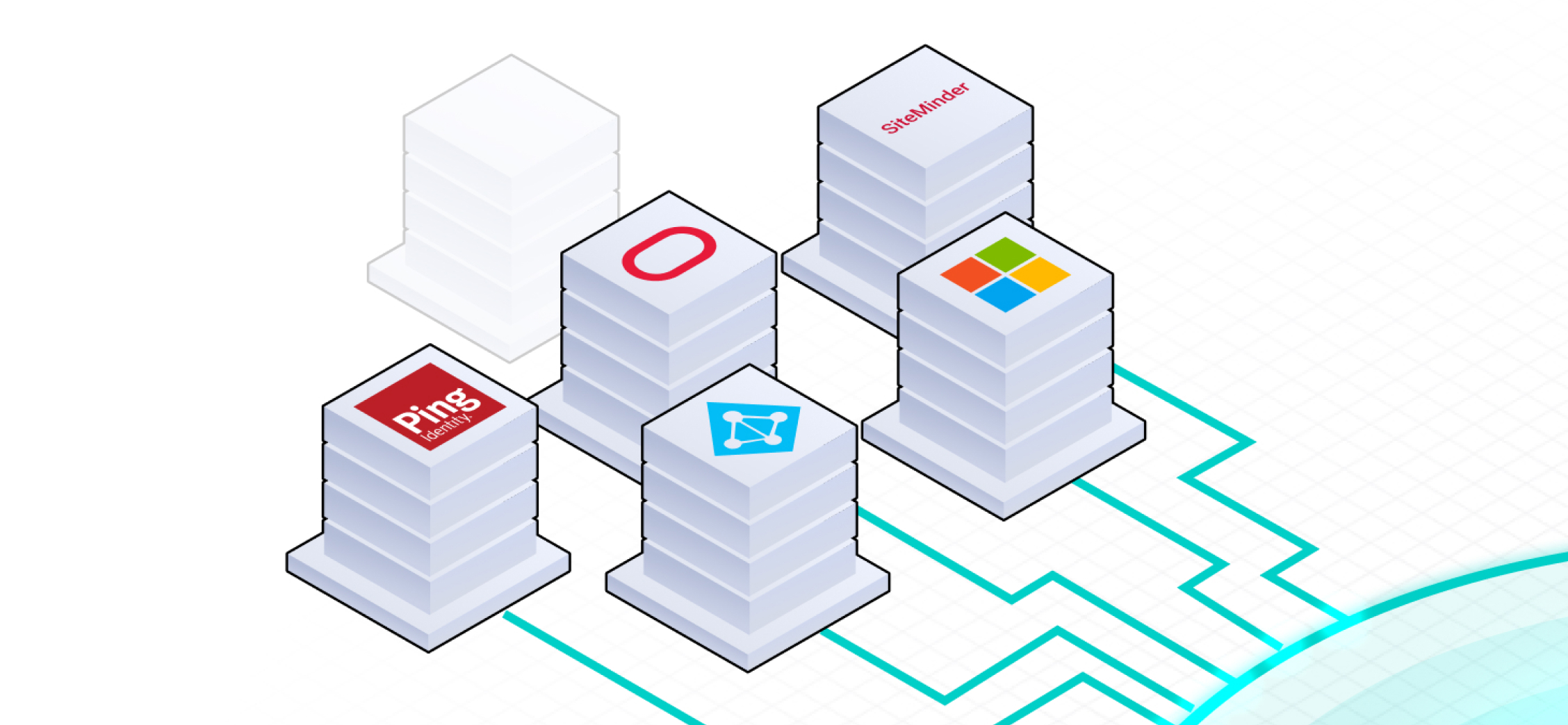 Five stylized skyscrapers feature logos of Oracle, Microsoft, Ping, Starburst, and another company on a grid-like background with interconnected lines symbolizing identity orchestration.