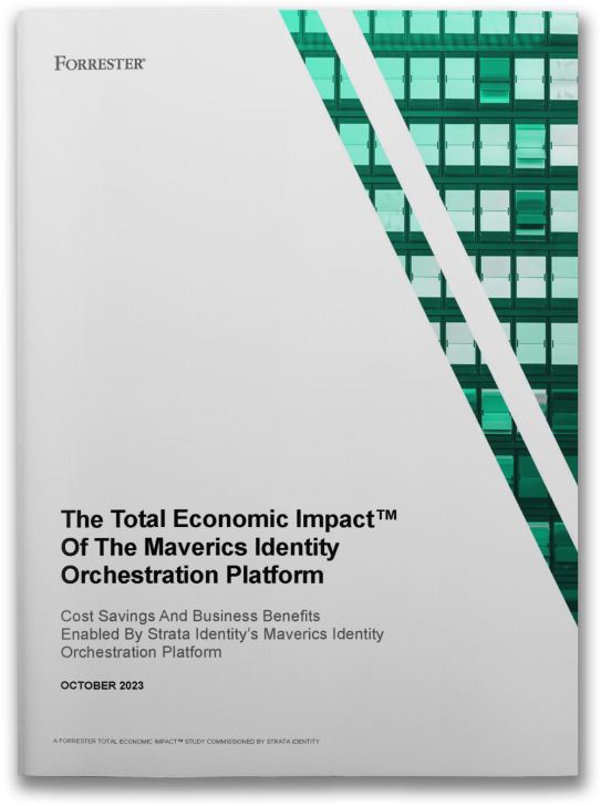 Cover of a report titled "The Total Economic Impact™ Of The Mavericks Identity Orchestration Platform" by Forrester, dated October 2023. The report focuses on cost savings and business benefits, highlighting how integrating identity solutions can drive efficiency.
