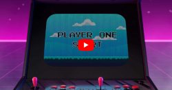 Retro arcade screen displaying "Player One Start" with a pixelated sky background. Joystick and buttons are visible below the screen, inviting you to level up your identity management game while embarking on a nostalgic adventure.