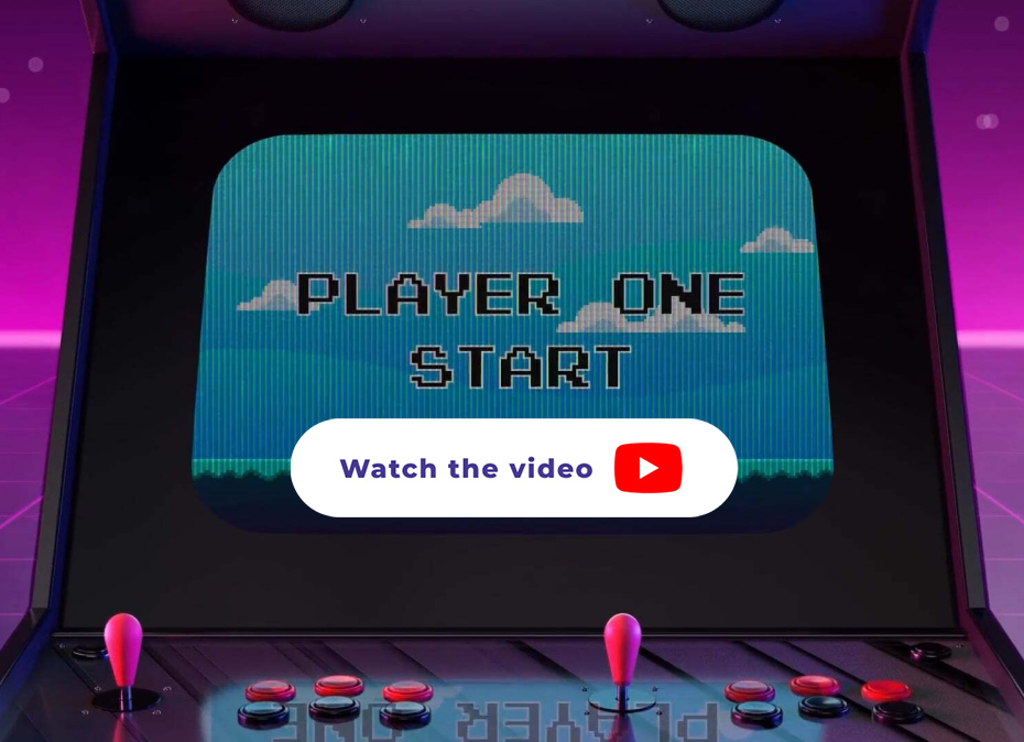 A retro arcade screen proudly showcases "Player One Start," with a play button overlay, seamlessly integrating a sense of identity into the gaming experience.