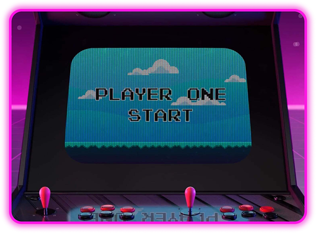 Retro arcade machine with Player One Start on the screen, featuring a pixelated sky crafted by our dev team. The console has pink joysticks and buttons.