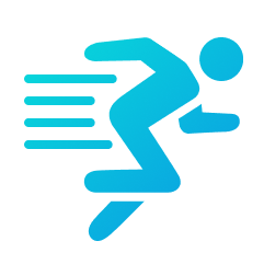 Blue icon of a person running swiftly, motion lines indicating speed, as if part of an identity orchestration demo.