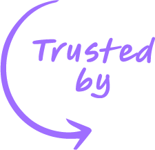 Purple text saying "Trusted by" with a matching curved arrow wrapping around it, inviting you to explore our identity orchestration demo.