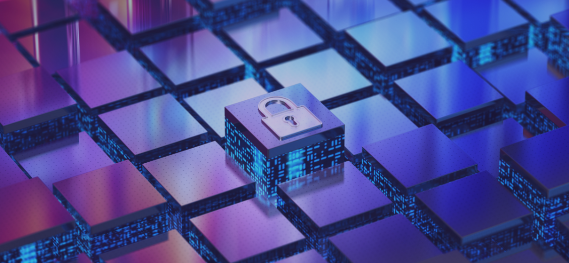 Digital blocks with a padlock symbol on one block, representing data security, capture the essence of the CISA pledge. The scene is illuminated in blue and purple tones.