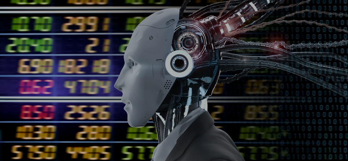 A humanoid robot with visible circuitry stands before a digital stock market display board, embodying the rise of IAM as it navigates various numbers and prices with remarkable precision.