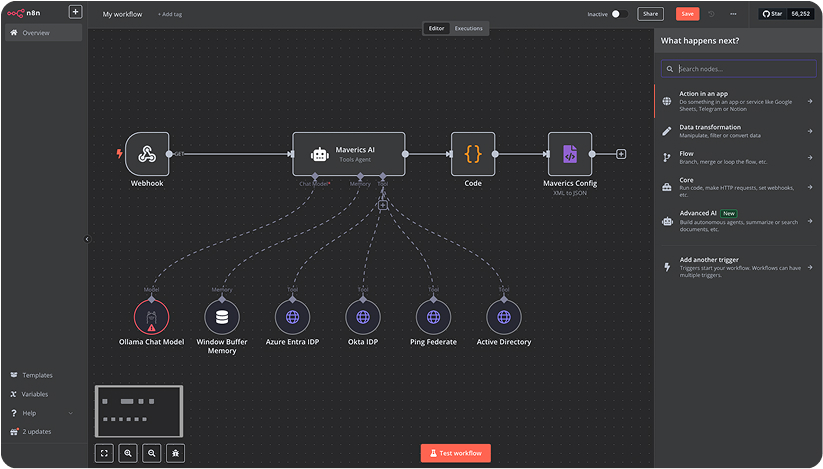 A workflow automation interface displays connected nodes for webhook, Strata Maverics Agentic AI Beta, code, and various integrations including Okama Chat Model and Active Directory.